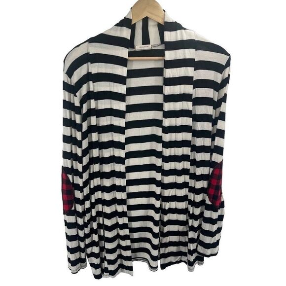 12PM by Mon Ami Women's Cardigan Sweater Striped Plaid Elbow Black White Large - Picture 1 of 7
